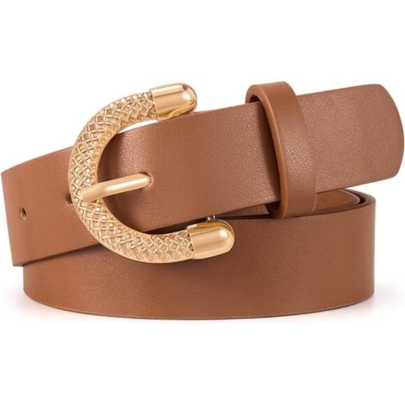 Leather Belt | Gold Mesh Buckle Dress Belt | Casual & Work Waist Belt for Jeans - Picture 1 of 1